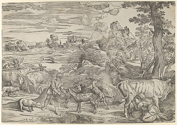 Nicolò Boldrini , After Titian :Landscape with a milkmaid at right and a boy at left c1535–40, vintage artwork, 16x12"(A3) Poster Print