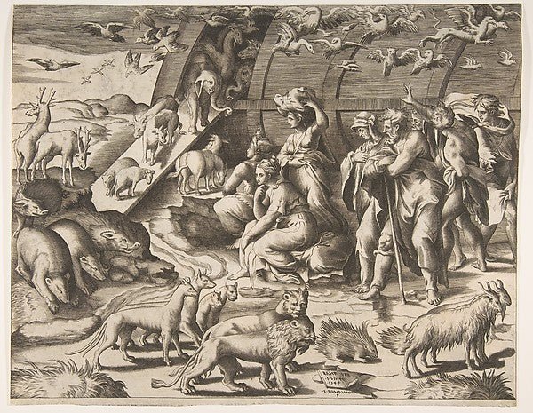 Noah leaving the Ark 16th cent-Giulio Bonasone , vintage art, A3 (16x12") Poster Print