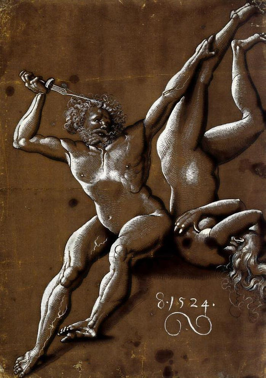 Nude Man Threatening a Nude Woman, vintage artwork by Hans Baldung, A3 (16x12") Poster Print