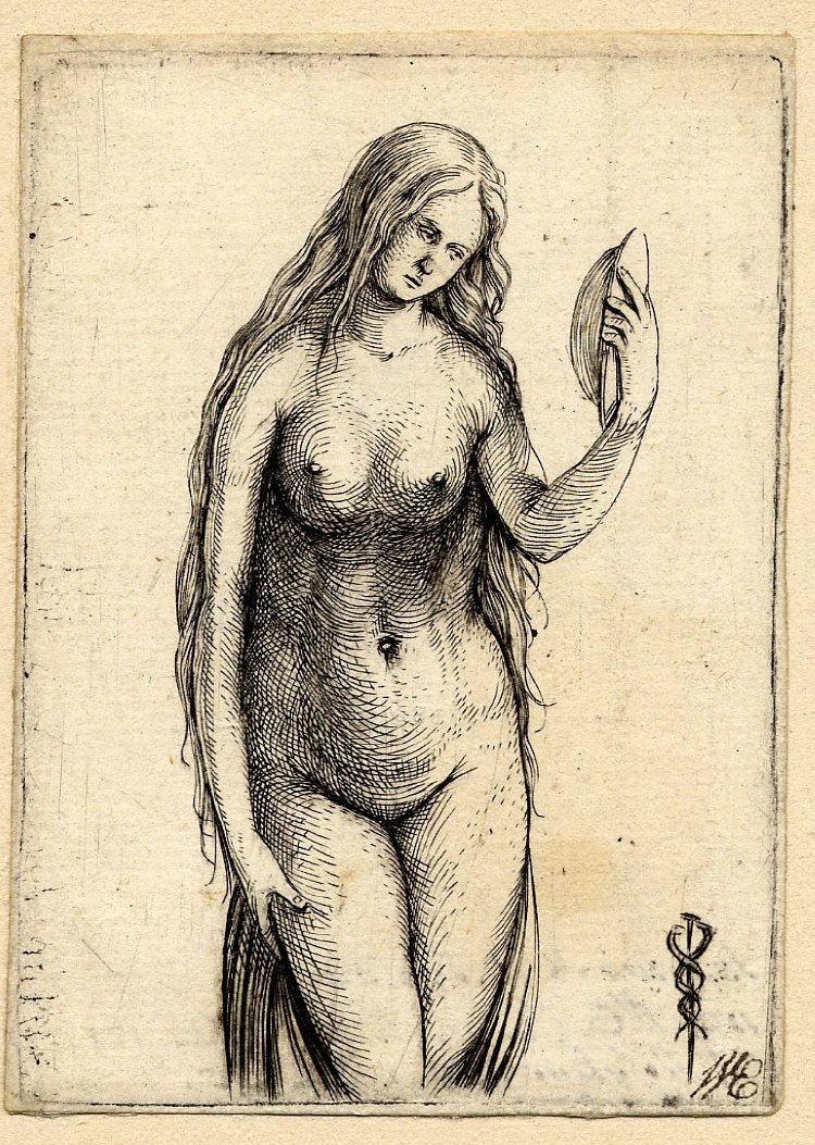 Nude Woman Holding a Mirror, vintage artwork by Jacopo de' Barbari, A3 (16x12") Poster Print