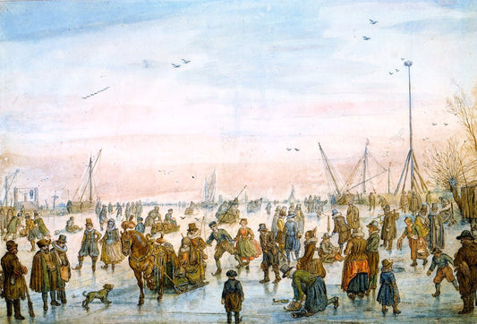 Numerous Figures on the Ice at Sunset, vintage artwork by Hendrick Avercamp, 12x8" (A4) Poster