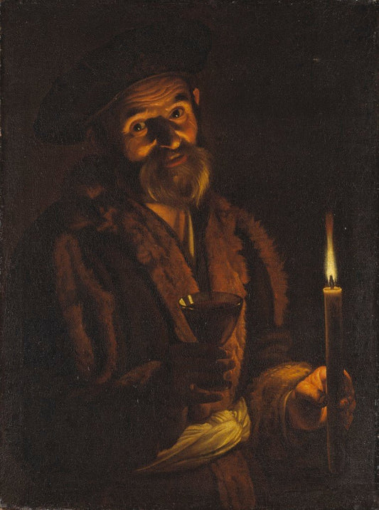 Old Man Holding a Candle and a Glass, vintage artwork by Adam de Coster, 12x8" (A4) Poster