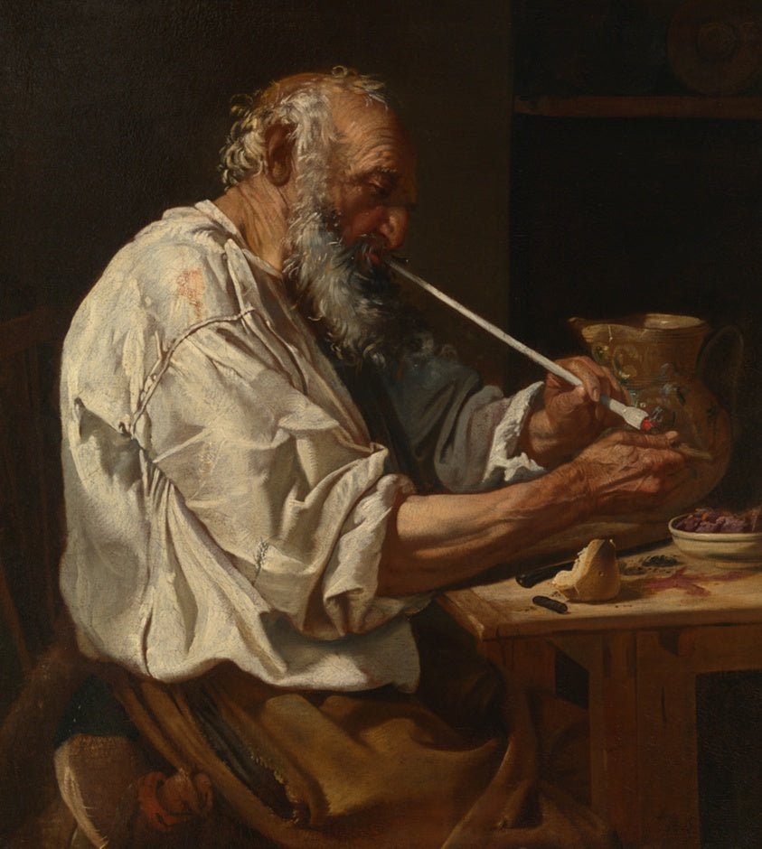 Old Peasant Lighting a Pipe by  Johann Carl Loth, called Carlotto Bavarese, 23x16"( A2 size) Poster Print