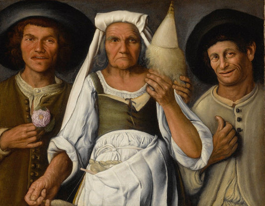 Old Peasant Woman with a Distaff and Spindle Flanked by  Two Male Peasants, vintage artwork by Vincenzo Campi, A3 (16x12") Poster Print