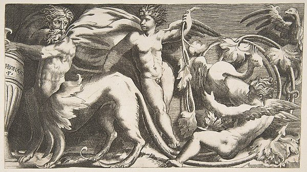 ornamental Frieze with two Putti and a Monster 16th cent-Giuli, vintage art, A3 (16x12") Poster Print