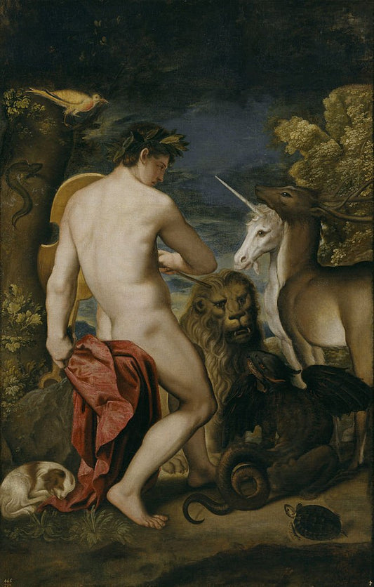 Orpheus Enchanting the Animals, vintage artwork by Alessandro Varotari, 12x8" (A4) Poster