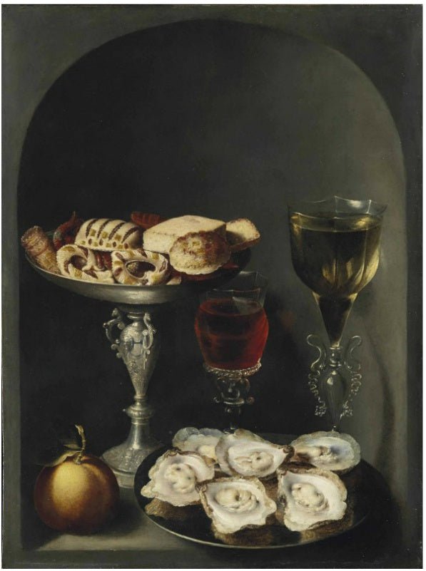 Oysters on a pewter plate, sweetmeats and biscuits in a silver tazza, vintage artwork by Osias Beert, A3 (16x12") Poster Print
