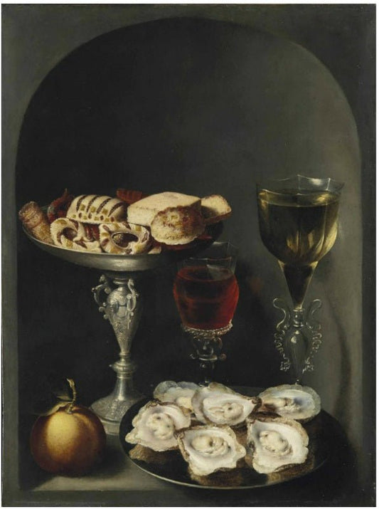 Oysters on a pewter plate, sweetmeats and biscuits in a silver tazza, vintage artwork by Osias Beert, A3 (16x12") Poster Print