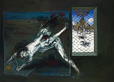 Paintings in the Studio: "Figure Supporting Black Legs" and "Interior with Black Rabbit" by Arthur Boyd, vintage art, modern poster print