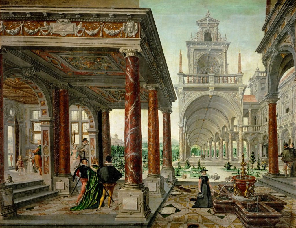 Palace with Walkers, vintage artwork by Hans Vredeman de Vries, A3 (16x12") Poster Print
