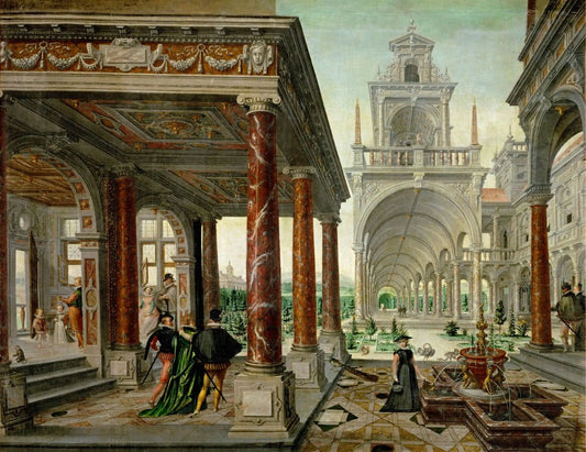 Palace with Walkers, vintage artwork by Hans Vredeman de Vries, A3 (16x12") Poster Print