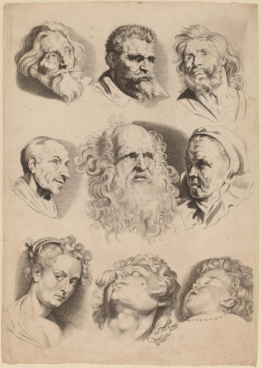 Paulus Pontius after Sir Peter Paul Rubens:Nine Heads,16x12"(A3) Poster