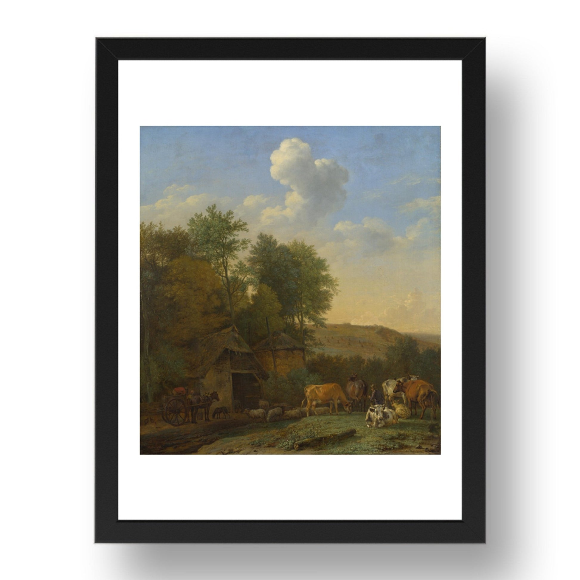 Paulus Potter: A Landscape with Cows, Sheep and Horses by a Barn, Poster in 17x13"(A3) Frame