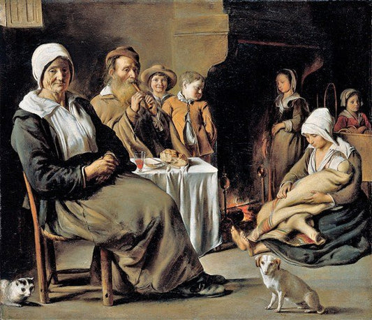 Peasant Interior with an Old Flute Player, vintage artwork by Attributed to Louis Le Nain, 12x8" (A4) Poster