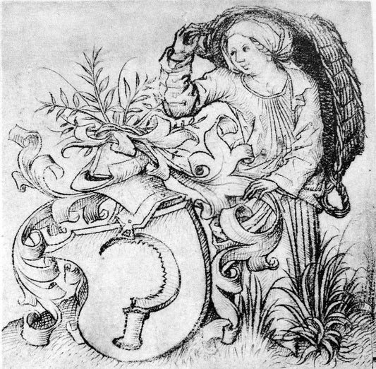 Peasant woman with sickle and sheild, vintage artwork by Master of the Housebook, A3 (16x12") Poster Print