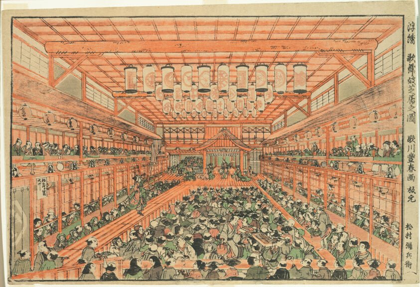 Perspective Picture of a Kabuki Theater (Uki-e Kabuki shibai no zu) by  Utagawa Toyoharu, 23x16"( A2 size) Poster Print