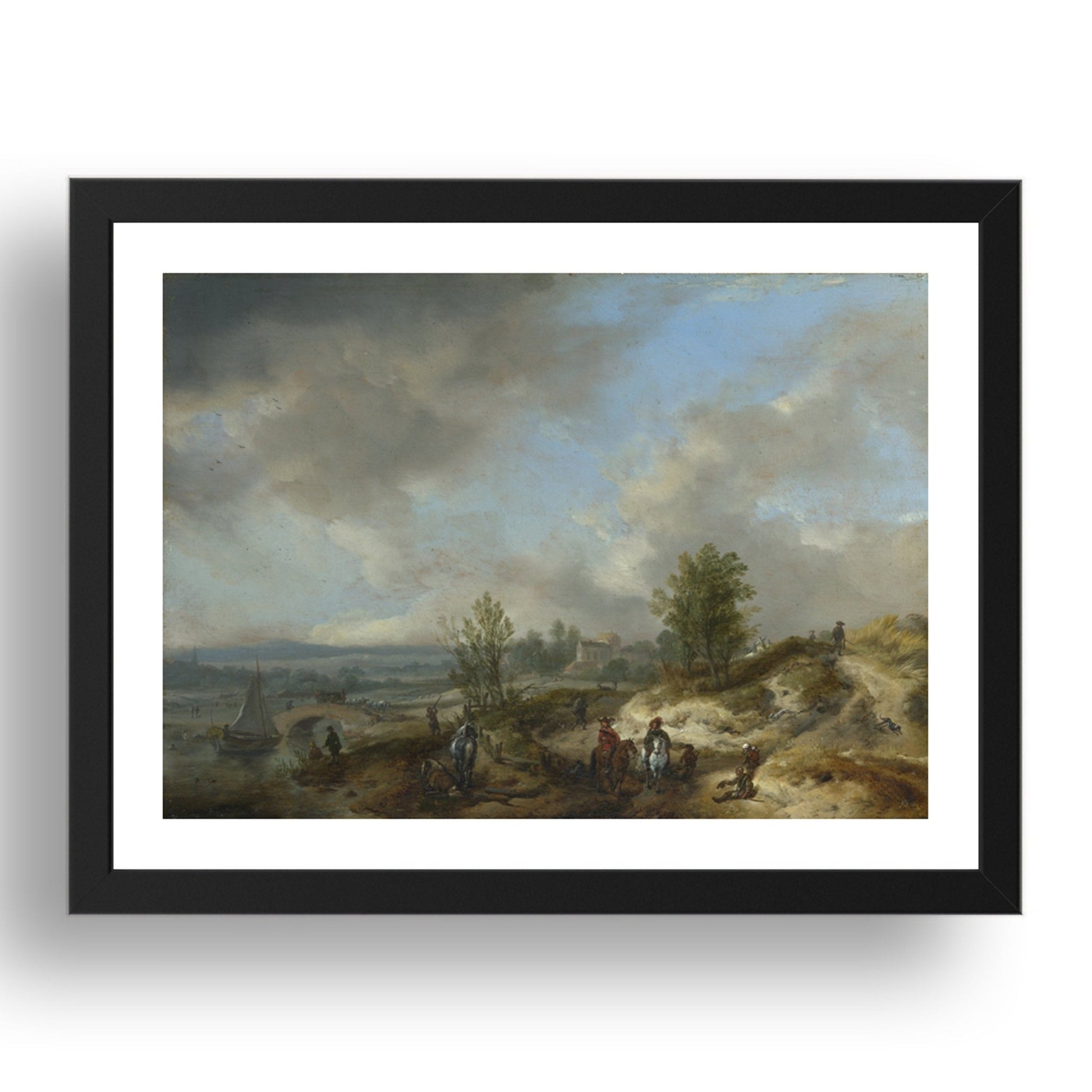 Philips Wouwermans: A Dune Landscape with a River and Many Figures, Poster in 17x13"(A3) Frame