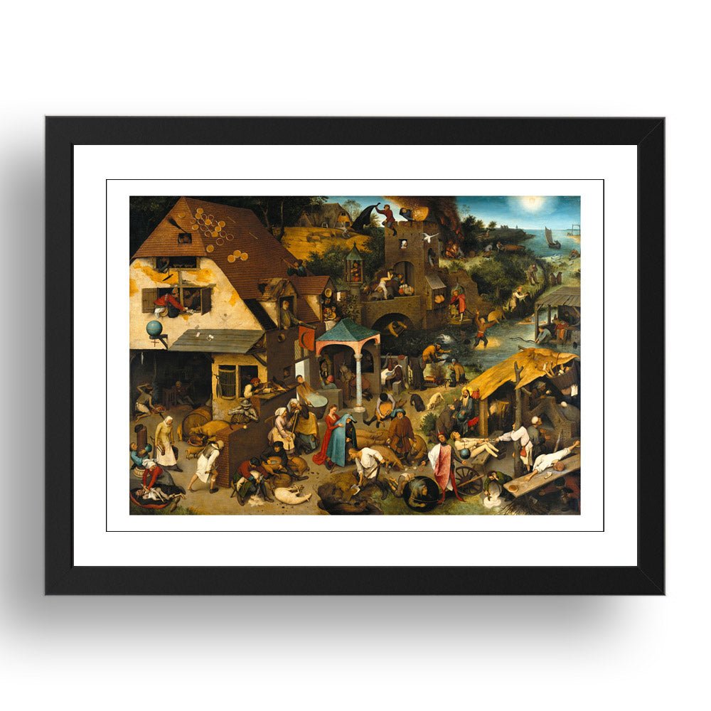 Pieter Bruegel The Elder -Dutch Proverbs [1559], vintage artwork in A3 (17x13") Black Frame