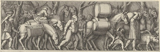 Pietro Santi Bartoli , After Polidoro da Caravaggio:Plate 4: animals transporting goods being led by figures going to the right c1660–90, vintage artwork, 16x12"(A3) Poster Print