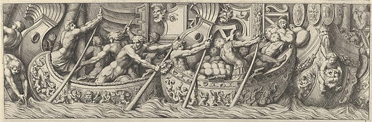 Pietro Santi Bartoli , After Polidoro da Caravaggio:Plate 6: figures in boats decorated with mythological subjects using poles to propel them c1660–60, vintage artwork, 16x12"(A3) Poster Print