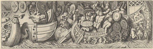 Pietro Santi Bartoli , After Polidoro da Caravaggio:Plate 7: a battle taking place between men in boats c1660–90, vintage artwork, 16x12"(A3) Poster Print