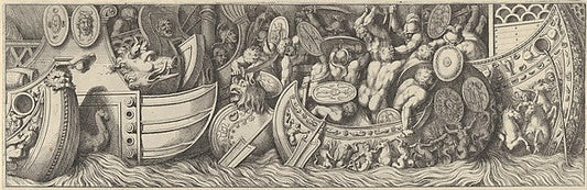 Pietro Santi Bartoli , After Polidoro da Caravaggio:Plate 7: a battle taking place between men in boats c1660–90, vintage artwork, 16x12"(A3) Poster Print