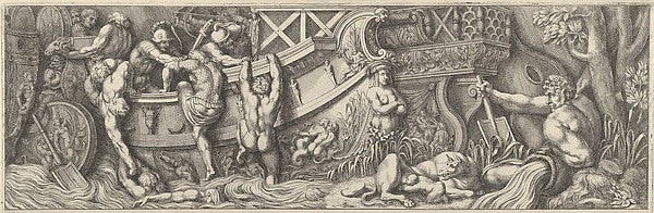 Pietro Santi Bartoli , After Polidoro da Caravaggio:Plate 8: battle between soldiers on a boat and naked men trying to climb in a river god at right c1660–90, vintage artwork, 16x12"(A3) Poster Print