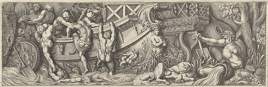 Pietro Santi Bartoli , After Polidoro da Caravaggio:Plate 8: battle between soldiers on a boat and naked men trying to climb in a river god at right c1660–90, vintage artwork, 16x12"(A3) Poster Print