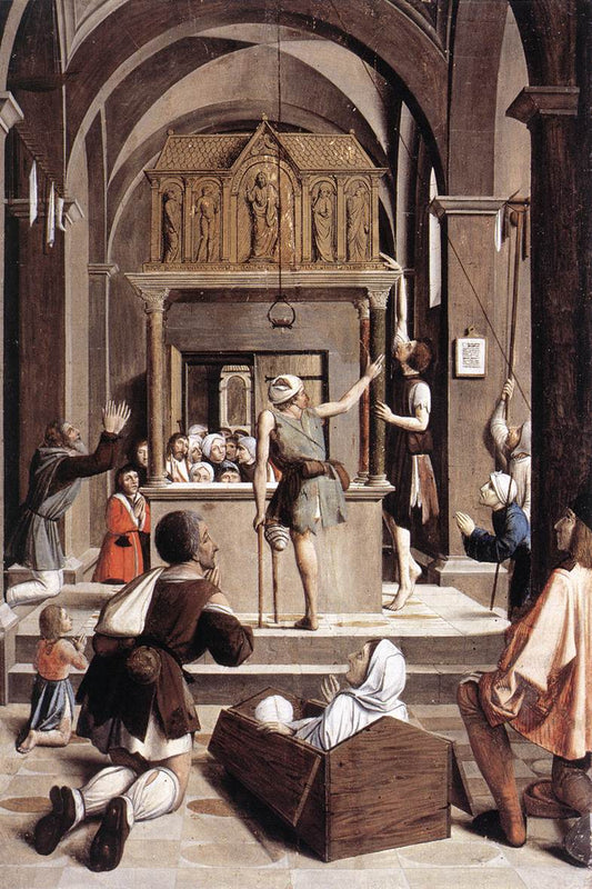 Pilgrims at the Tomb of St Sebastian, vintage artwork by Josse Lieferinxe, A3 (16x12") Poster Print
