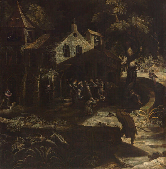 Pilgrims before a Forest Chapel, vintage artwork by Frederik van Valckenborch, A3 (16x12") Poster Print