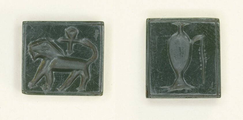 Plaque by  Lion and Ankh/Libation Vessel by  Egyptian, 23x16"( A2 size) Poster Print