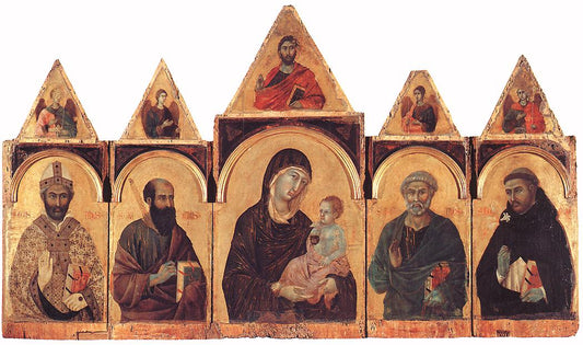 Polytych (Madonna and Child with Four Saints), vintage artwork by Duccio di Buoninsegna, 12x8" (A4) Poster