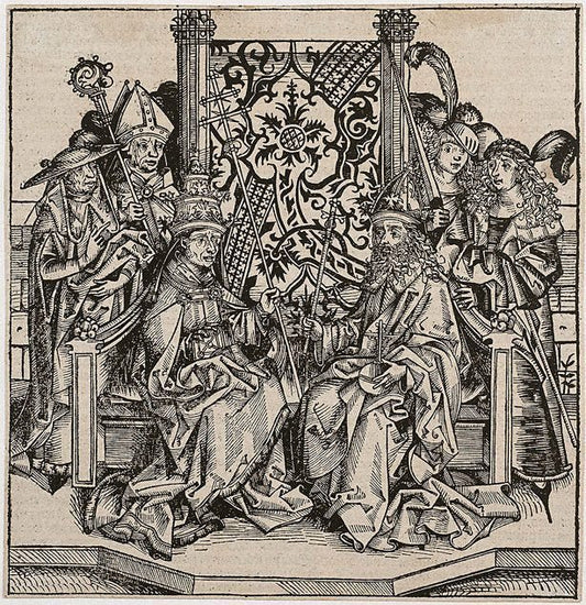 Pope Pius II and the Emperor Frederick III seated on one throne, vintage artwork by Wilhelm Pleydenwurff, A3 (16x12") Poster Print