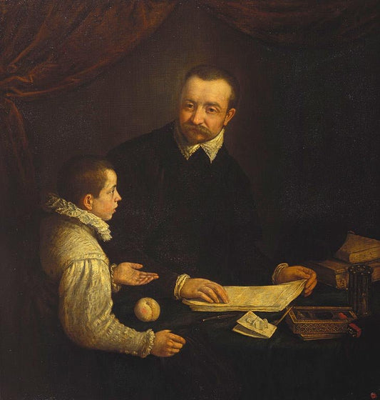 Portrait of a Boy with His Tutor, vintage artwork by Leandro Bassano, 12x8" (A4) Poster