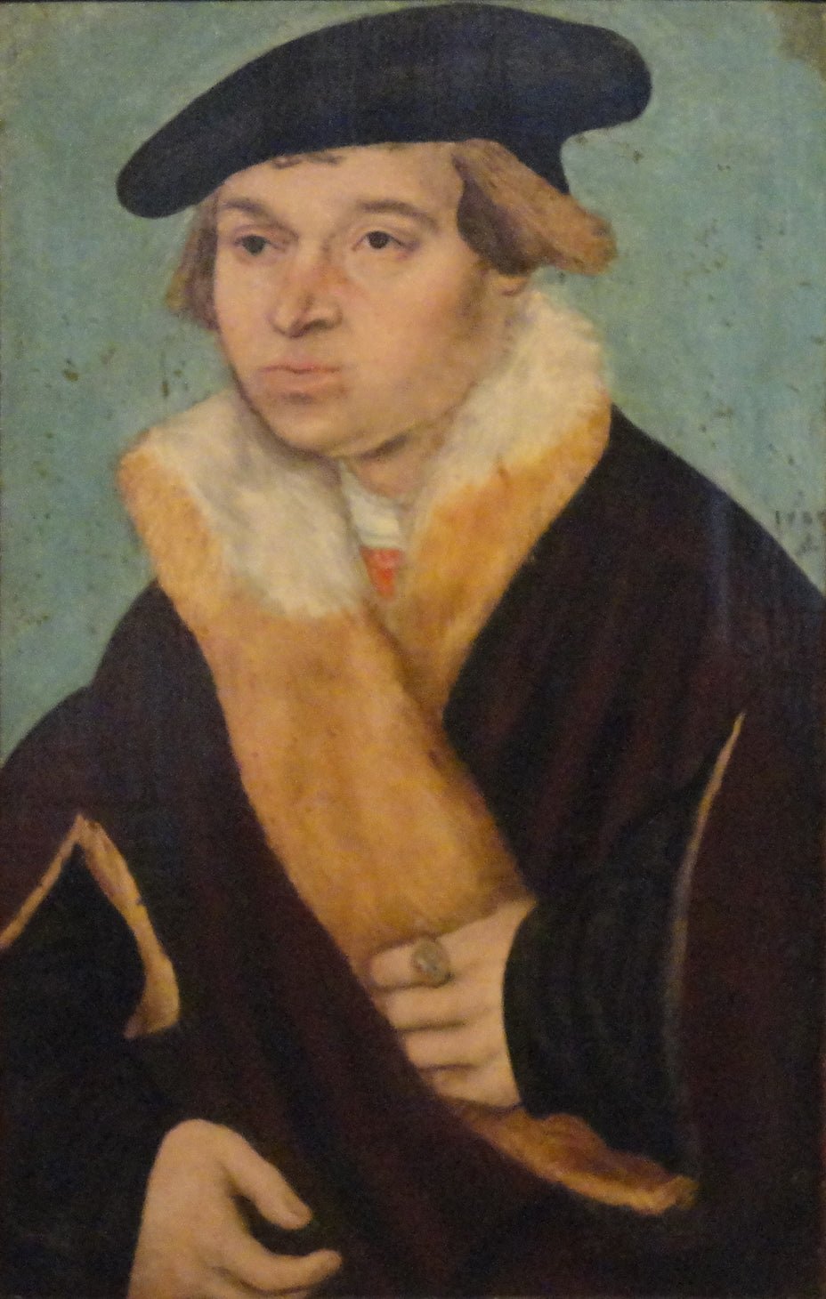 Portrait of a Clean-shaven Young Man in a Cloak trimmed with Light Fur, vintage artwork by Attributed to Lucas Cranach the Younger, A3 (16x12") Poster Print
