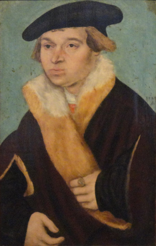 Portrait of a Clean-shaven Young Man in a Cloak trimmed with Light Fur, vintage artwork by Attributed to Lucas Cranach the Younger, A3 (16x12") Poster Print