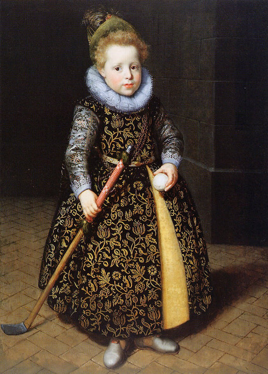 Portrait of a Four-Year Old Boy with Club and Ball, vintage artwork by Paulus Moreelse, 12x8" (A4) Poster