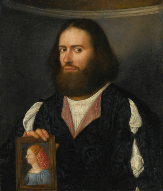 Portrait of a Gentleman, Half Length, Holding a Portrait of a Lady, vintage artwork by Giovanni Cariani, A3 (16x12") Poster Print