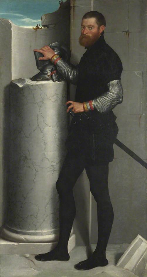 Portrait of a Gentleman with His Helmet on a Column Shaft, vintage artwork by Giovanni Battista Moroni, A3 (16x12") Poster Print