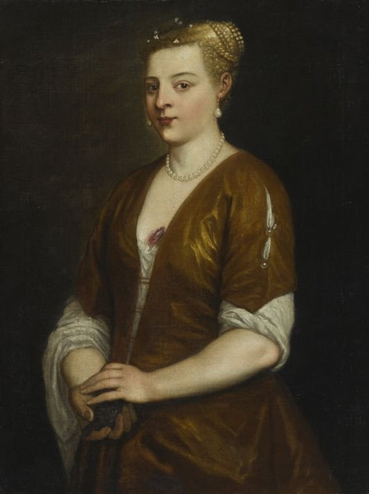 Portrait of a Lady Holding a Kitten, vintage artwork by Alessandro Varotari, 12x8" (A4) Poster