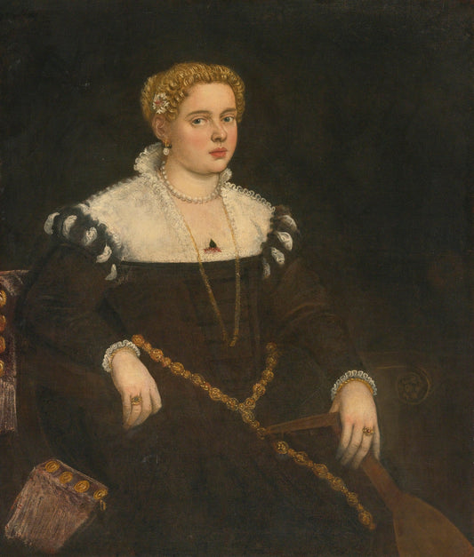 Portrait of a Lady Holding a Lute, vintage artwork by Domenico Tintoretto, A3 (16x12") Poster Print