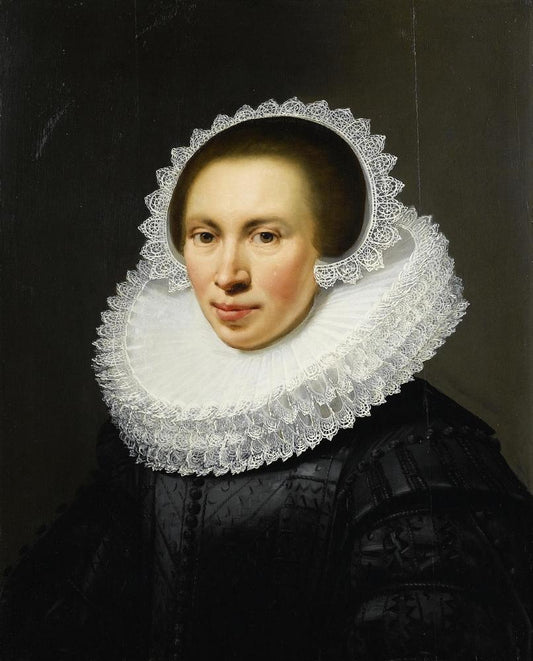 Portrait of a Lady in Embroidered Black Silk Dress, vintage artwork by Jan van Ravesteyn, 12x8" (A4) Poster