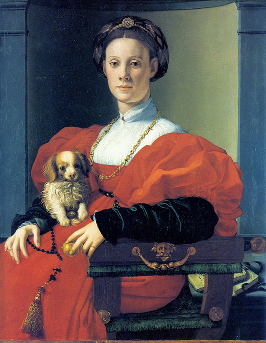 Portrait of a Lady in red with dog, vintage artwork by Agnolo Bronzino, A3 (16x12") Poster Print