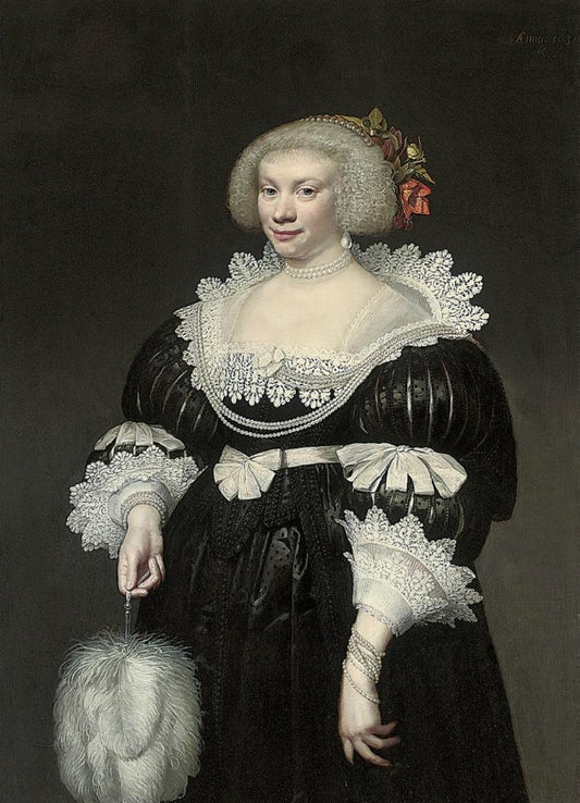 Portrait of a Lady with a White Fan, vintage artwork by Jan van Ravesteyn, 12x8" (A4) Poster