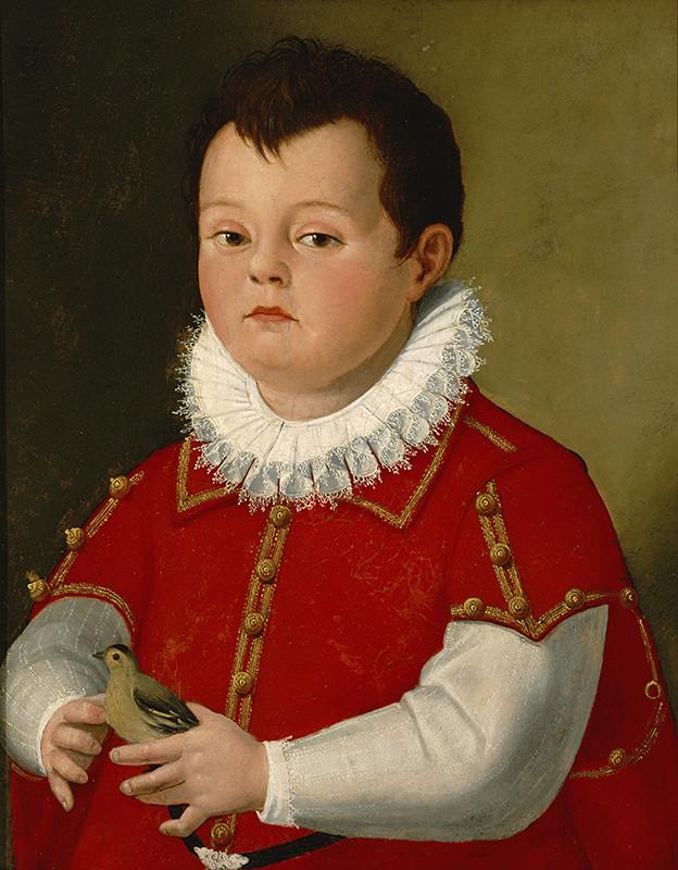 Portrait of a Little Boy in Red Holding a Goldfinch, vintage artwork by Santi di Tito, A3 (16x12") Poster Print