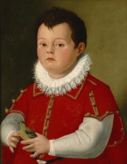 Portrait of a Little Boy in Red Holding a Goldfinch, vintage artwork by Santi di Tito, A3 (16x12") Poster Print