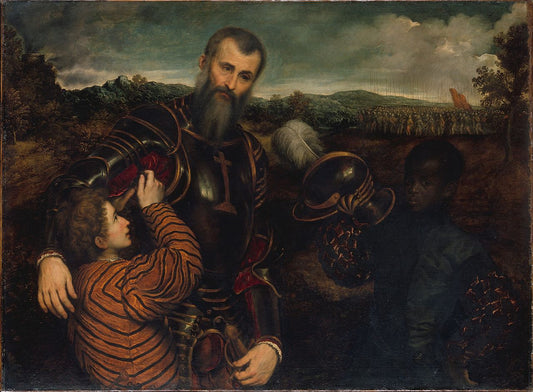 Portrait of a Man in Armour with Two Pages, vintage artwork by Paris Bordone, A3 (16x12") Poster Print