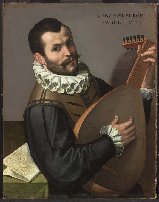 Portrait of a Man Playing a Lute, vintage artwork by Bartolomeo Passarotti, A3 (16x12") Poster Print