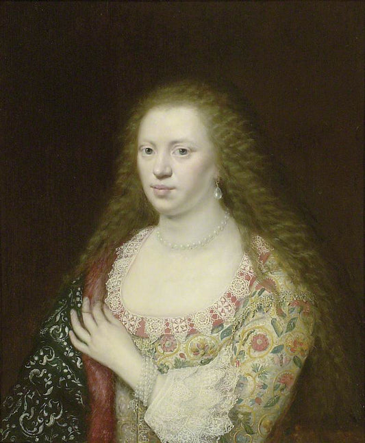 Portrait of a Woman in a Dress Worked with Flowers, vintage artwork by Cornelis Janssen van Ceulen the Elder, 12x8" (A4) Poster