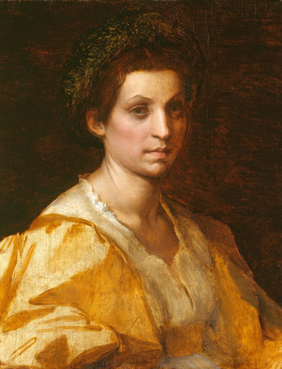 Portrait of a Woman in Yellow, vintage artwork by Andrea del Sarto, A3 (16x12") Poster Print